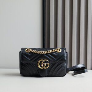Gucci Black GG Marmont Chain Flap Matelasse Leather Crossbody Bag